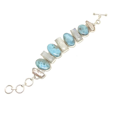 Crisp Caribbean Larimar with Moonstone and Freshwater Pearl Bracelet in Sterling Silver