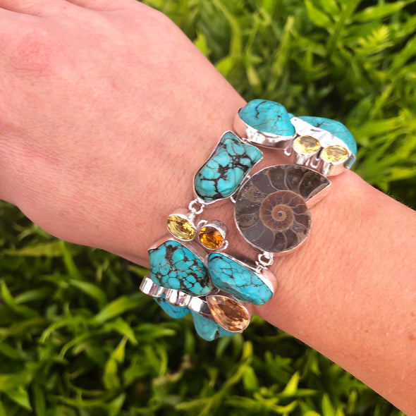 Magnificent Madagascar Ammonite Fossil, Turquoise Nuggets and Citrine Bracelet in Sterling Silver