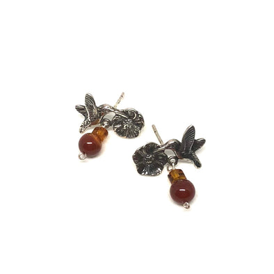 Sweet Little Hummingbird Flower Earrings With Dangling Amber and Agate Beads in Sterling Silver