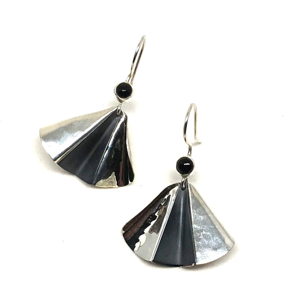 Flutter Onyx Hammered Drop Earrings with Dark Accent in Sterling Silver