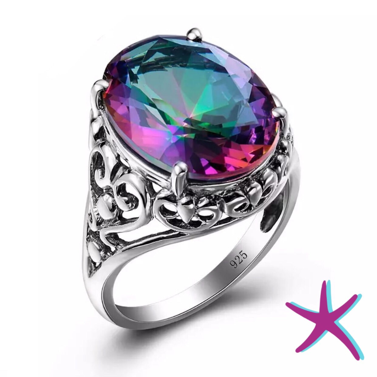  Lzz Sea Goddess Mermaid 925 Sterling Silver Ring Fashion  Two-Color Mermaid Ring Inlaid Blue Cubic Zirconia Female Ring Size 6-10 (US Code  10)