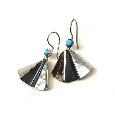 Flutter Turquoise Hammered Drop Earrings with Dark Accent in Sterling Silver